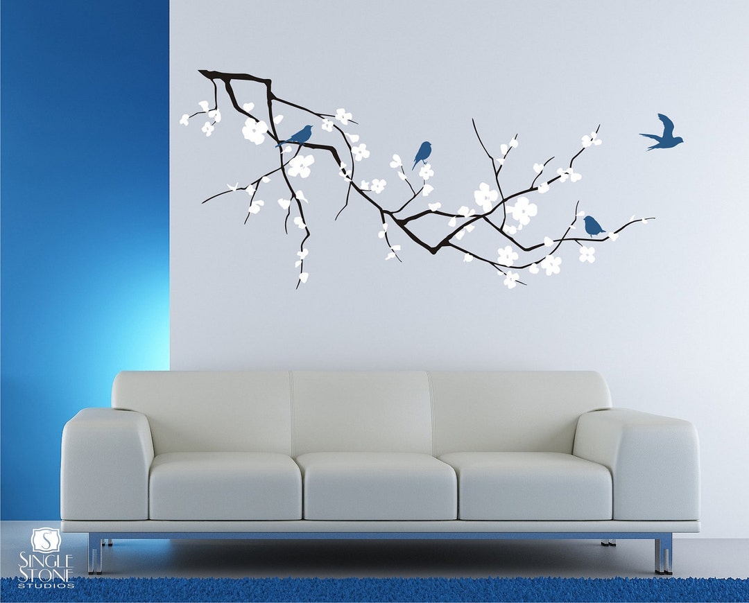 Cherry Blossom Tree Branch Wall Decal With Birds - Vinyl Wall Art ...