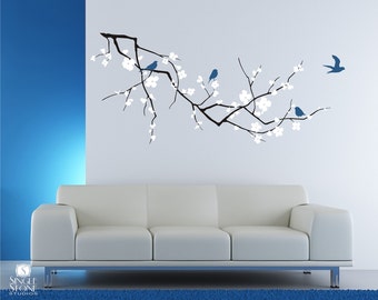 Cherry Blossom Tree Branch Wall Decal with Birds - Vinyl Wall Art Custom Home Decor