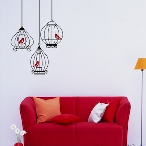 Birdcage Wall Decals with 3 birds - Wall Stickers Custom Home Decor