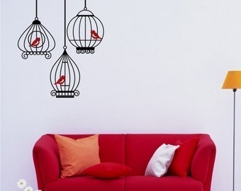 Birdcage Wall Decals with 3 birds - Wall Stickers Custom Home Decor