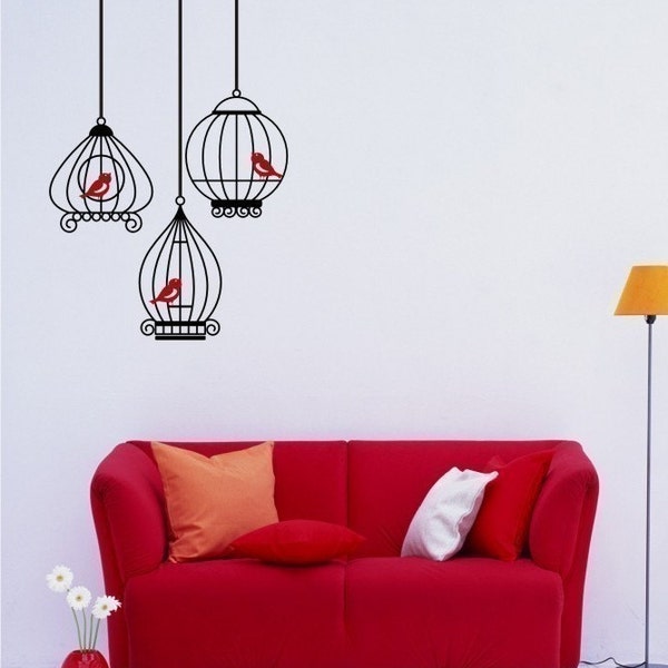 Birdcage Wall Decals with 3 birds - Wall Stickers Custom Home Decor