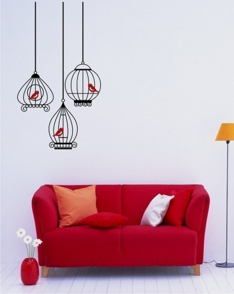 Birdcage Wall Decals with 3 birds Wall Stickers Custom Home Decor image 1
