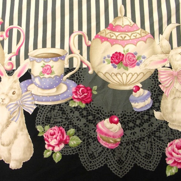 2 Yards Japanese Cotton Fabric Lolita Harajuku Bunny Tea Party Rabbit Border Black