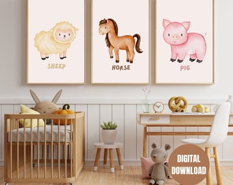 Aquarell Bauernhof Poster, digitale Illustration für Baby, Baby Animal Print, Set 3 Bilder, Set 3 Bilder vom Bauernhof