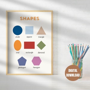 Printable Shapes Poster, Montessori, Education, Colorful, Learning, Nursery, Kids Room, Play, Homeschool, Classroom Print, Digital Download