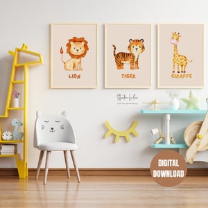 Printable Watercolor Safari Animal Poster, Digital Nursery Art, Baby Animals Prints, Kids Room, Play, Wall Art, Set 3 Jungle Room