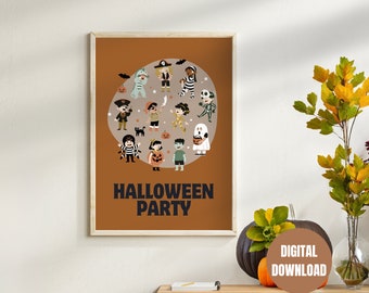 Printable Halloween Party Poster, Orange, Kids in Costumes, Trick or Treat, Typography, Scary Print, Kids Room Art
