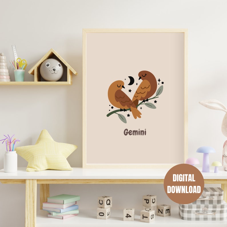 Printable Gemini Zodiac Sign Poster - Neutral Nursery, Kids Room Star ...