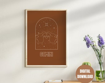 Imprimible Géminis Zodiac Sign Poster Terra-Cotta - Guardería celestial, Signo de estrella de la habitación de los niños, Cartel de la sala de estar, Arte de la pared de la oficina, Arte minimalista