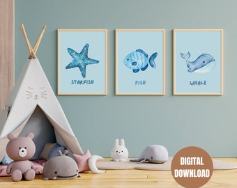 Printable Watercolor Ocean Animal Poster, Digital Nursery Art, Baby Animal Prints, Kids Room, Play, Wall Art, Set 3 Ocean Nursery