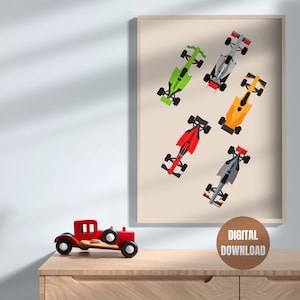 Printable Formula One Race Cars Print for Kids Room - Racing, Formula One Illustration, Minimal, Neutral Print, Nursery Wall Art, Classroom