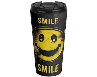 Stainless Steel Travel Mug — Yellow Retro Smiley Face Design