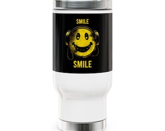 Taza de viaje con diseño de carita sonriente y auriculares — Vaso térmico de acero inoxidable de 414 ml (14 oz)