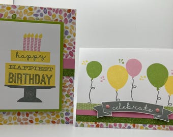 Set of 2 Handmade Birthday cards Cake Balloons