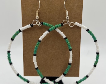 Handmade Beaded Earrings - Green White Black hoops