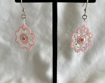 Beaded Earrings - Pink and Iridescent Flower