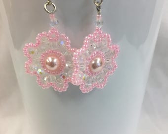 Beaded Earrings - Pink and Iridescent Flower