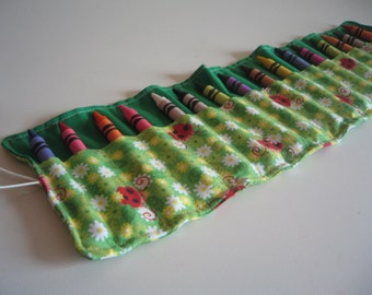 Crayon Roll for 16 crayons - Ladybugs and flowers