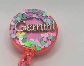 Gemini sparkle Zodiac Badge Reel, ID Holder, Retractable ID Holder may june
