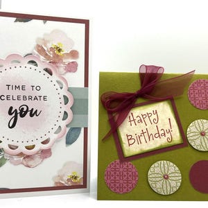 Lot de 2 cartes d'anniversaire faites main Floral Bourgogne rouge