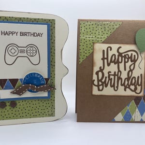 Set of 2 Handmade Birthday cards blue brown masculine gamer