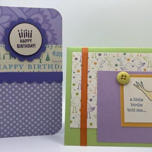 Conjunto de 2 cartões de aniversário artesanais Bolo de pássaro roxo