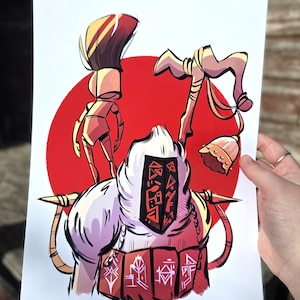 May include: Illustration of a stylized figure with a red circle background. The figure has a white robe, a shield with symbols, and red accents. A staff and a bell are also present. The artwork has a cartoonish style.