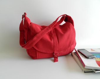 Women Canvas Messenger bag, Diaper Shoulder bag, Back to school laptop bag, Everyday crossbody work bag - no.12 KYLIE - RED