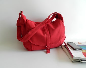 Women Red Canvas Messenger Bag: Vegan Crossbody Laptop Bag - no.12 Kylie