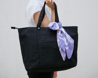 Everday Black Canvas Tote Bag,Market Shoulder tote bag,Waxed Canvas Water resistant Large Laptop Bag ,Travel messengers bag Tokyo Tote Black