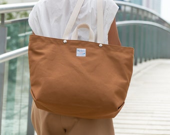 Large canvas Market tote bag, Diaper bag in Cognac Brown, grocery shopping Shoulder bag, Teacher library tote bag  - Victoria tote 202