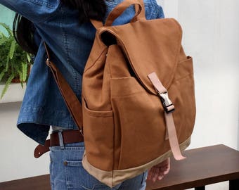 Tan Brown Canvas Travel Backpack Zipper Skórzany pasek Plecak na pieluchy, 15" laptop Kolaż Tornister - nr 108 MARKEN