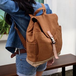 Tan Brown Canvas Travel Backpack Zipper Leather strap Diaper Backpack , 15" laptop Collage Satchel rucksack - no.108 MARKEN