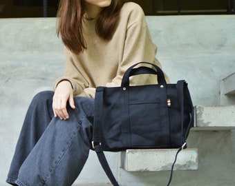 Black Waxed Canvas Crossbody Bag: Small Travel Tote - Tokyo Tote 204