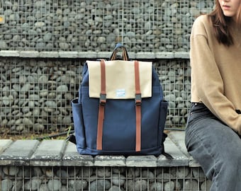 Navy blue Waxed Canvas Laptop Backpack: Water Resistant Travel Rucksack - Backpacks Carter | 308