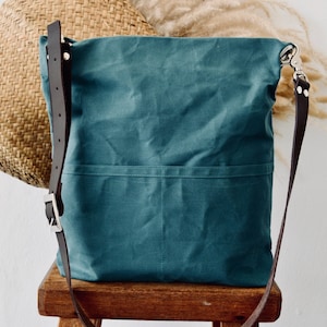 Messenger Hobo Tote Bag, Canvas Bucket Bag with Pocket Leather strap Messenger tote , Waxed Canvas Leather strap Canvas Tote, Gift for Her Teal (Black)