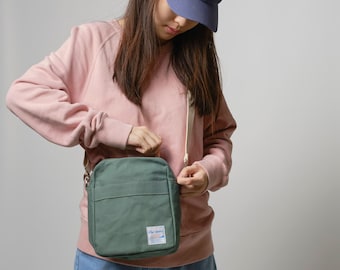 Women Travel Waxed Canvas Messenger Bag, Small green crossbody bag Personalized gift for her -Koala 208 in Armsterdam Green