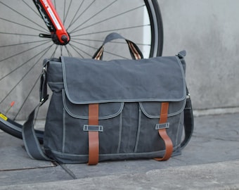 Large Waxed Canvas Messenger Bag: Gray Laptop Travel overnight Bag - no.104 Mackenzie Messenger