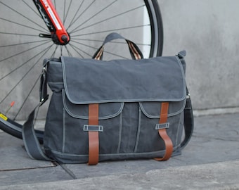 Waxed Canvas Messengers bag, Back to school Collage Laptop messenger bag, Casual Unisex Overnight Travel bags - Gray - no.104 MACKENZIE