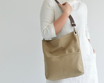 Women Canvas hobo tote bag with leather strap, Small zipper Tote bag , Light weight handbag bag - Mila tote | 201 -  Khaki