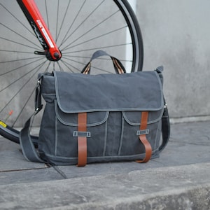 Waxed Canvas Messengers bag, Back to school Collage Laptop messenger bag, Casual Unisex Overnight Travel bags Gray no.104 MACKENZIE image 1