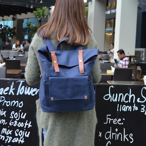 Women Roll top Laptop Backpack, Travel Diaper bag Backpack, Water resistant Leather Strap backpack - no.105 ALLISON - Indigo Blue