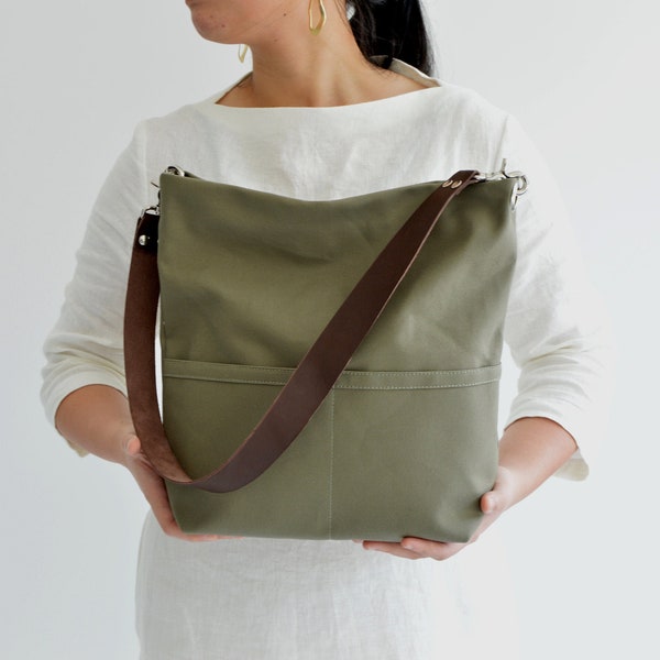 Hobo shoulder tote bag medium , Canvas bag with leather strap, Casual Tote bag for women, Cotton bucket bag with pocket and zipper- Olive