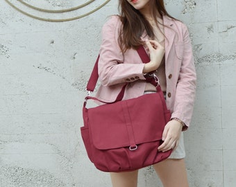 Rose Red Canvas Messenger Bag: Vegan Travel Crossbody, 15" Laptop Bag diaper bag - no.18 Daniel