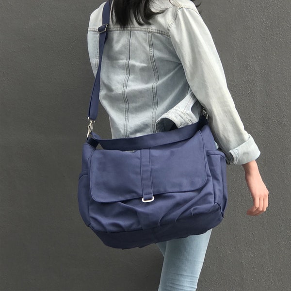 Blue Canvas Messenger Laptop Bag, Large zipper shoulder bag School bag fit laptop - no.18 Daniel