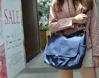 Blue Canvas Messenger Bag, Large Women crossbody Vegan diaper bag,  Everyday shoulder bag Water resistant  no.18 DANIEL