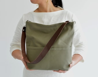 Hobo shoulder tote bag medium , Canvas bag with leather strap, Casual Tote bag for women, Cotton bucket bag with pocket and zipper- Olive