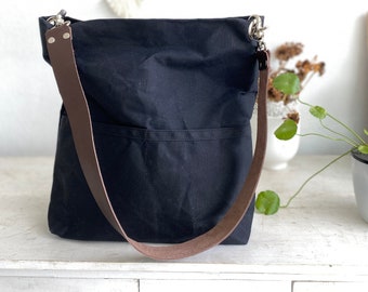 Black canvas shoulder bag, small Hobo bag,  Travel tote bag leather strap, Water resistant bucket bag - Mila Tote Bag | 201