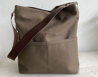 Casual hobo schoudertas, lederen riem canvas tote tas, cadeau voor haar vrouwen tote bag, canvas bucket bag met zak en rits - Taupe Brown