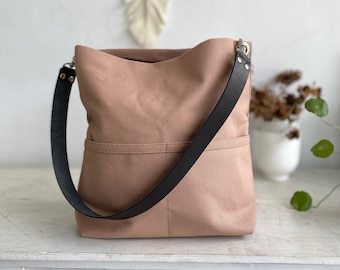 Women hobo shoulder bag, leather strap tote bag, Personalized Gift for her women Tote bag, Canvas bag with pocket and zipper - Rose Gold